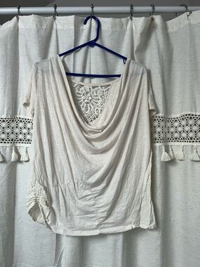 Buckle Cream Short Sleeve Drape Front Top with Lace Back